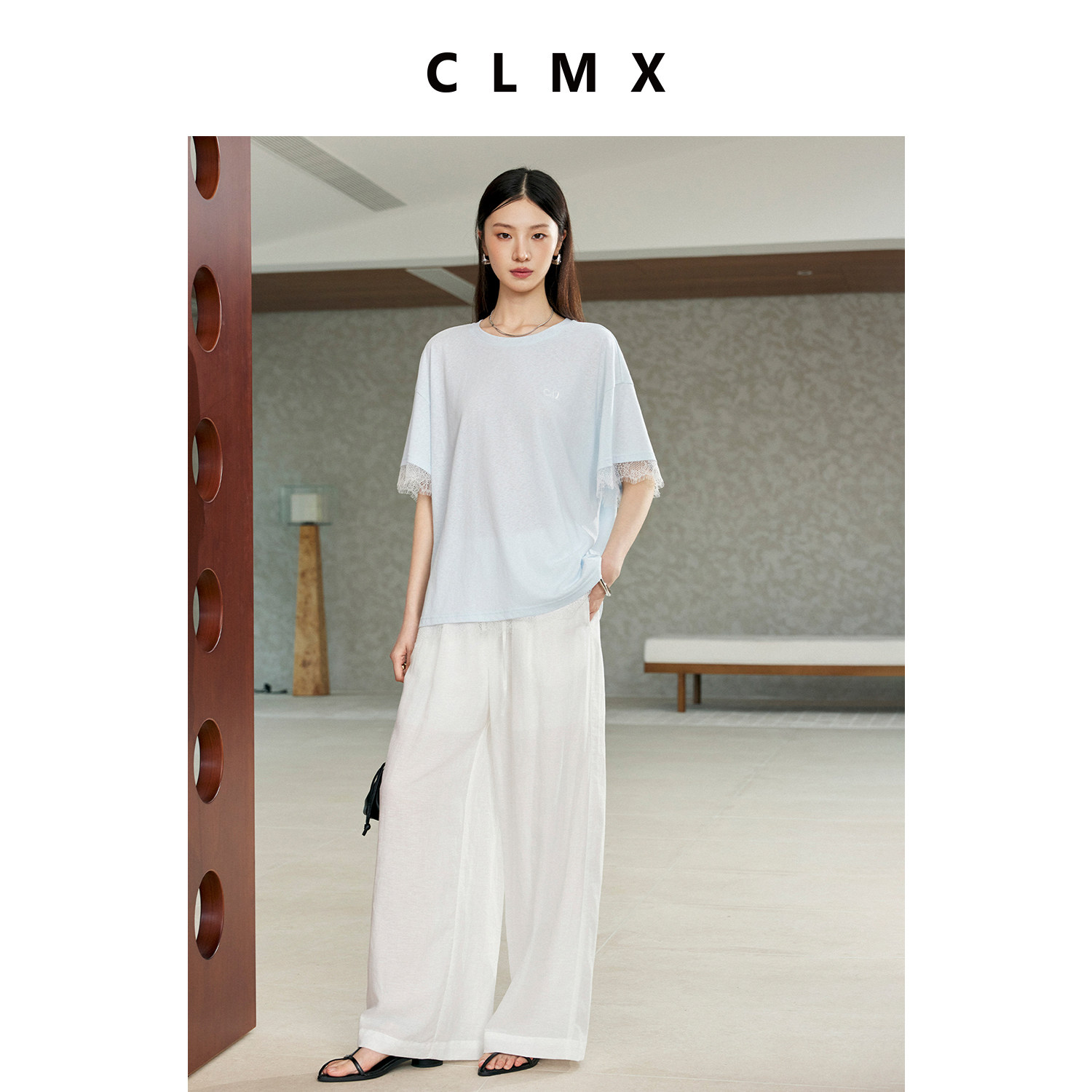 CLMX夏季薄款蕾丝后开衩T恤