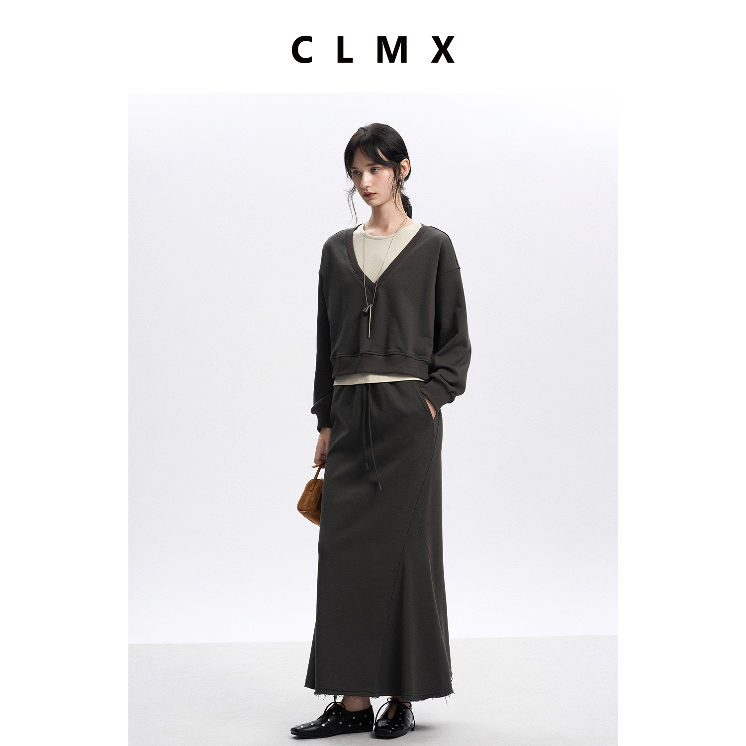 CLMX棉混纺面料秋冬休闲U领背心/V领上衣/拼接半身裙女
