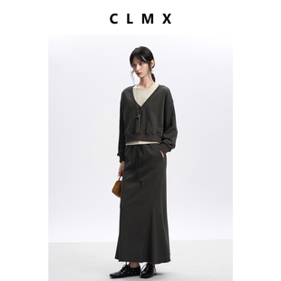 CLMX棉混纺面料秋冬休闲U领背心 拼接半身裙女 V领上衣