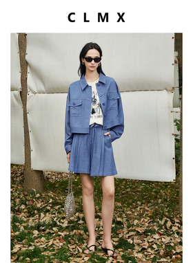 CLMX自然肌理感亚麻粘胶混纺面料工装风贴袋短箱型夹克/腰带短裤