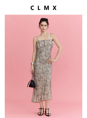 CLMX简约修身裙子艺术水墨晕染印花缎面雪纺皱面料吊带印花连衣裙