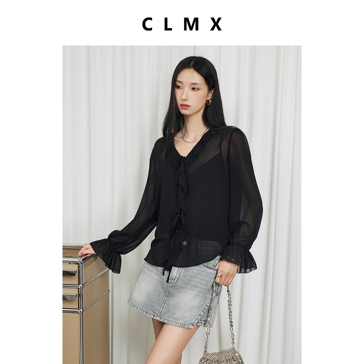 CLMX轻透50D四面弹双皱雪纺面料 复古纯色系荷叶边V领衬衫+吊带