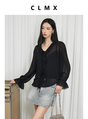 CLMX轻透50D四面弹双皱雪纺面料 复古纯色系荷叶边V领衬衫+吊带