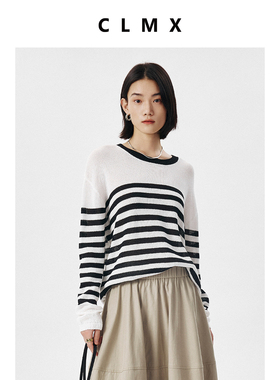 CLMX甄选自然感莱赛尔棉和纸纱 复古通勤风条纹长袖圆领针织衫