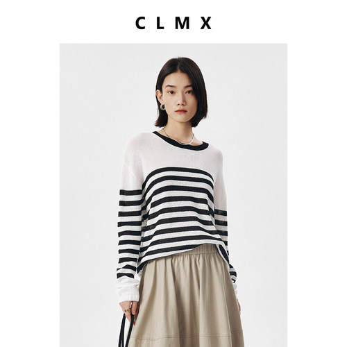 CLMX甄选自然感莱赛尔棉和纸纱 复古通勤风条纹长袖圆领针织衫