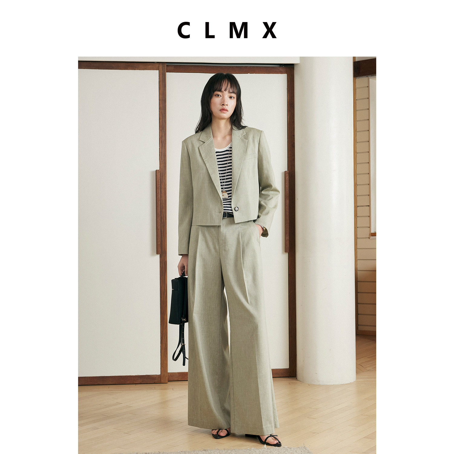 CLMX亚麻莱赛尔垫肩长袖短款西装外套女春季宽松阔腿直筒长裤套装