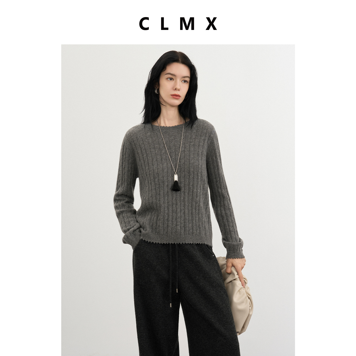 CLMX老钱风羊绒绞花圆领毛衣26支100%山羊绒纱线秋冬通勤上衣女