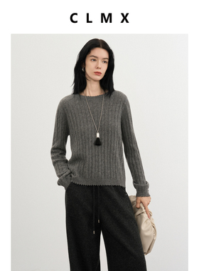 CLMX老钱风羊绒绞花圆领毛衣26支100%山羊绒纱线秋冬通勤上衣女