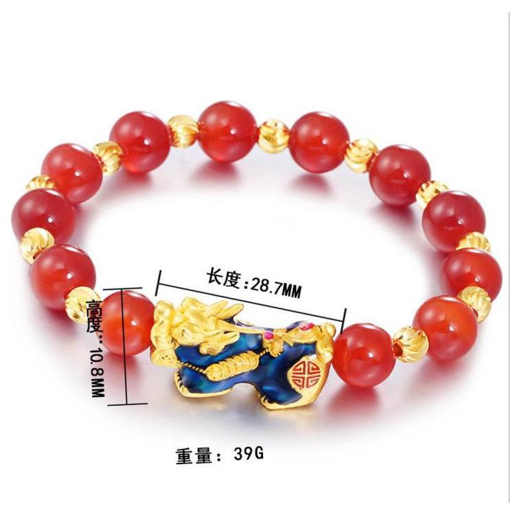 10mm手链仿黄金色貔貅3D硬足金皮丘玛瑙手链男变色貔黑曜石手链