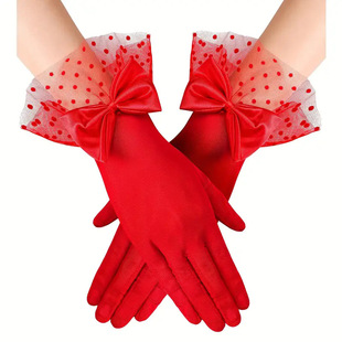 时尚婚礼新娘晚装手套圆点网纱黑色蕾丝花边创意蝴蝶结手套 现货