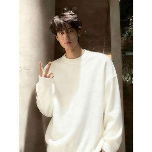 cleanfit白色圆领毛衣男款秋冬内搭打底针织衫慵懒风软糯加绒外套