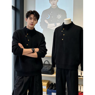 黑色不规则斜襟毛衣男秋冬半高领针织打底衫内搭人夫感新中式外套