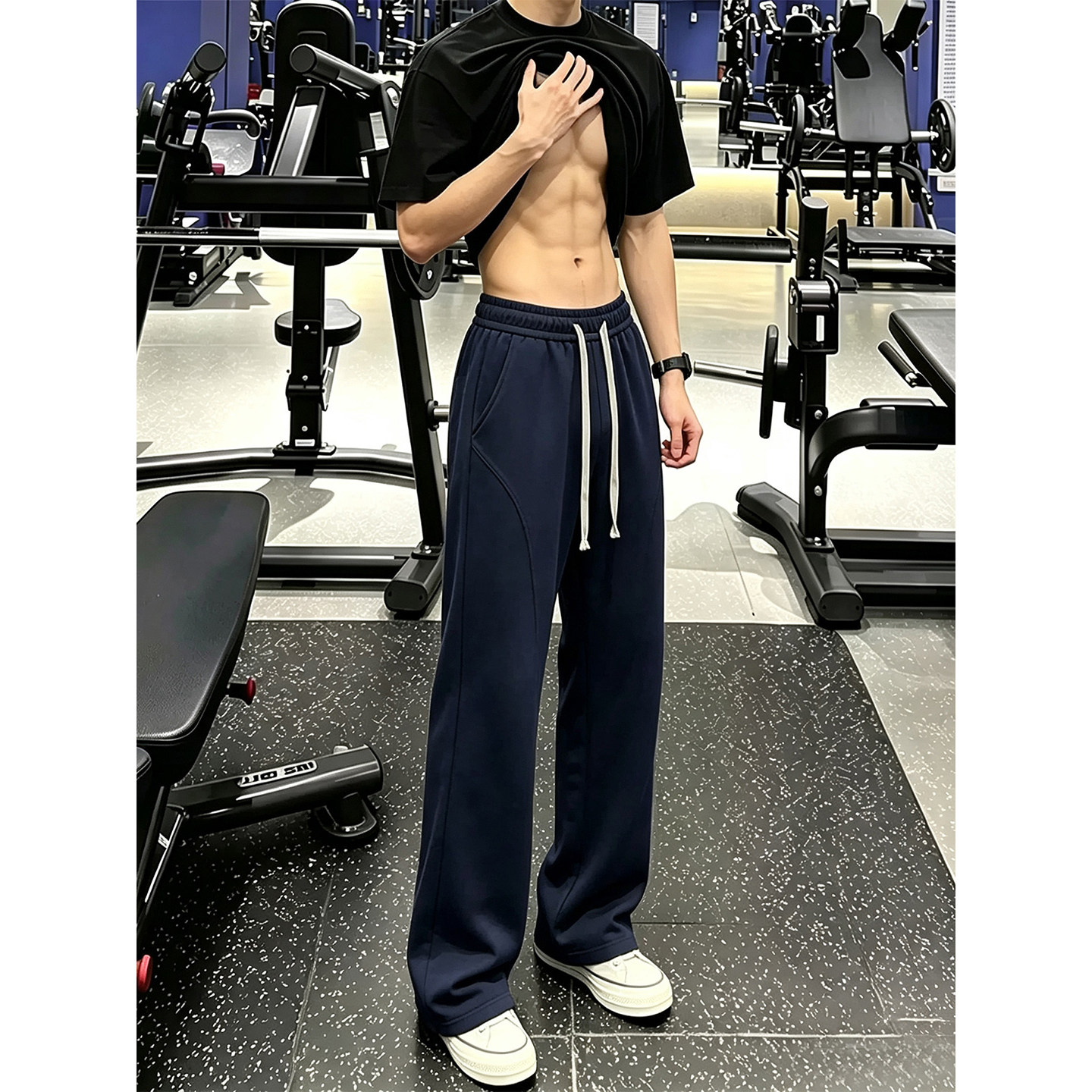 藏青色美式斜切运动卫裤男款秋季图片