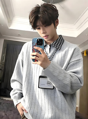 白灰色假两件卫衣男生秋冬穿搭加绒内搭上衣千鸟格翻领长袖polo衫