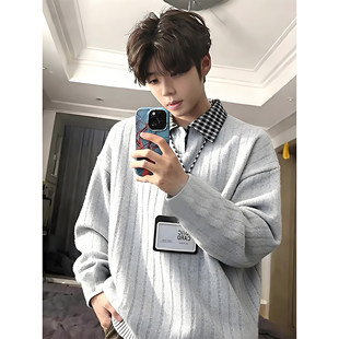 白灰色假两件卫衣男生秋冬穿搭加绒内搭上衣千鸟格翻领长袖polo衫