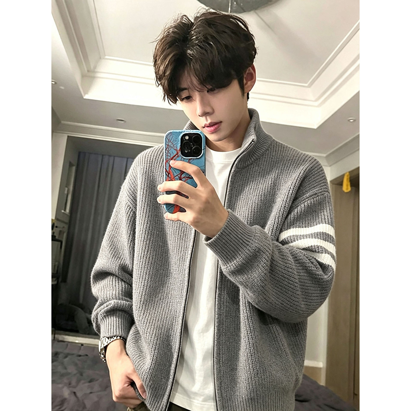 美式复古撞色条纹毛衣男款秋季痞帅高级感针织外套慵懒风立领夹克