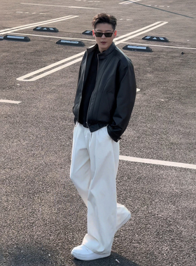 白色弯刀微喇西裤垂坠感高级感痞帅裤子男款秋季直筒运动休闲长裤