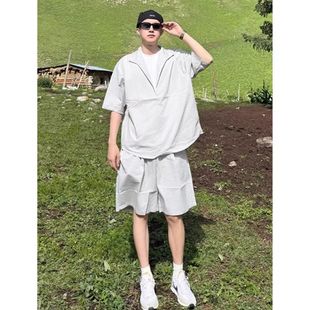 衬衫 轻熟风穿搭套装 假两件亚麻短袖 男夏季 老钱风美式 冰丝速干短裤