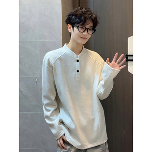 花灰色亨利领长袖t恤男款秋冬解构拼接polo衫卫衣加厚内搭打底衫