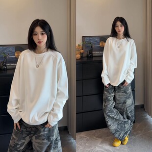 美式cleanfit圆领卫衣男女款秋季拼接长袖t恤正肩白色内搭打底衫