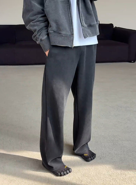 黑灰色美式运动卫裤男秋冬垂感慵懒松弛感裤子弯刀直筒阔腿休闲裤