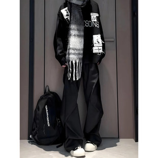 黑色弯刀微喇褶皱西裤男款冬季加绒加厚高级感裤子修身直筒西装裤