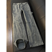 子显瘦直筒微喇裤 美式 秋冬绑带伐木工装 裤 复古斜切弯刀牛仔裤 男款