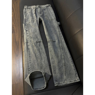 美式复古斜切弯刀牛仔裤男款秋冬绑带伐木工装裤子显瘦直筒微喇裤