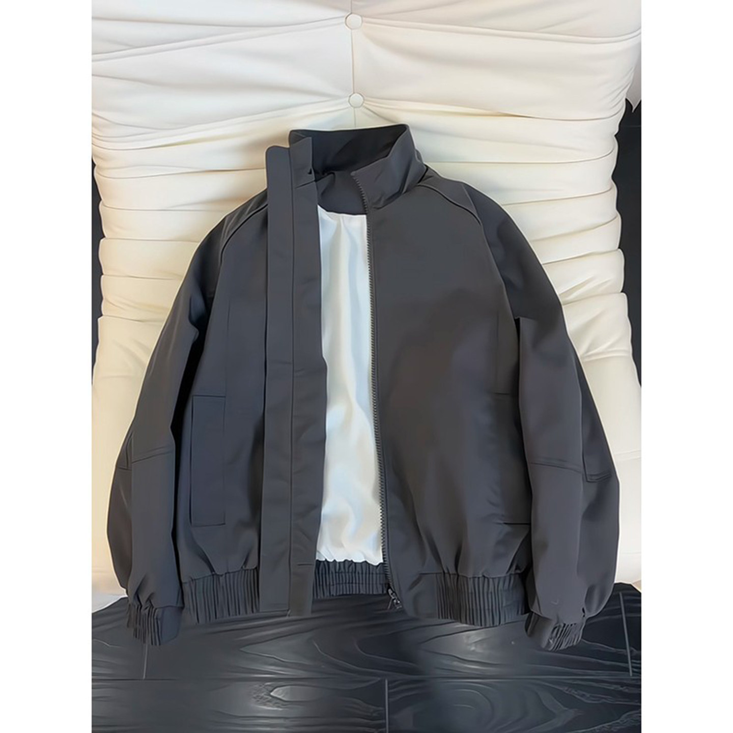 深灰色美式飞行夹克男士早秋穿搭立领工装外套cleanfit短款棒球服
