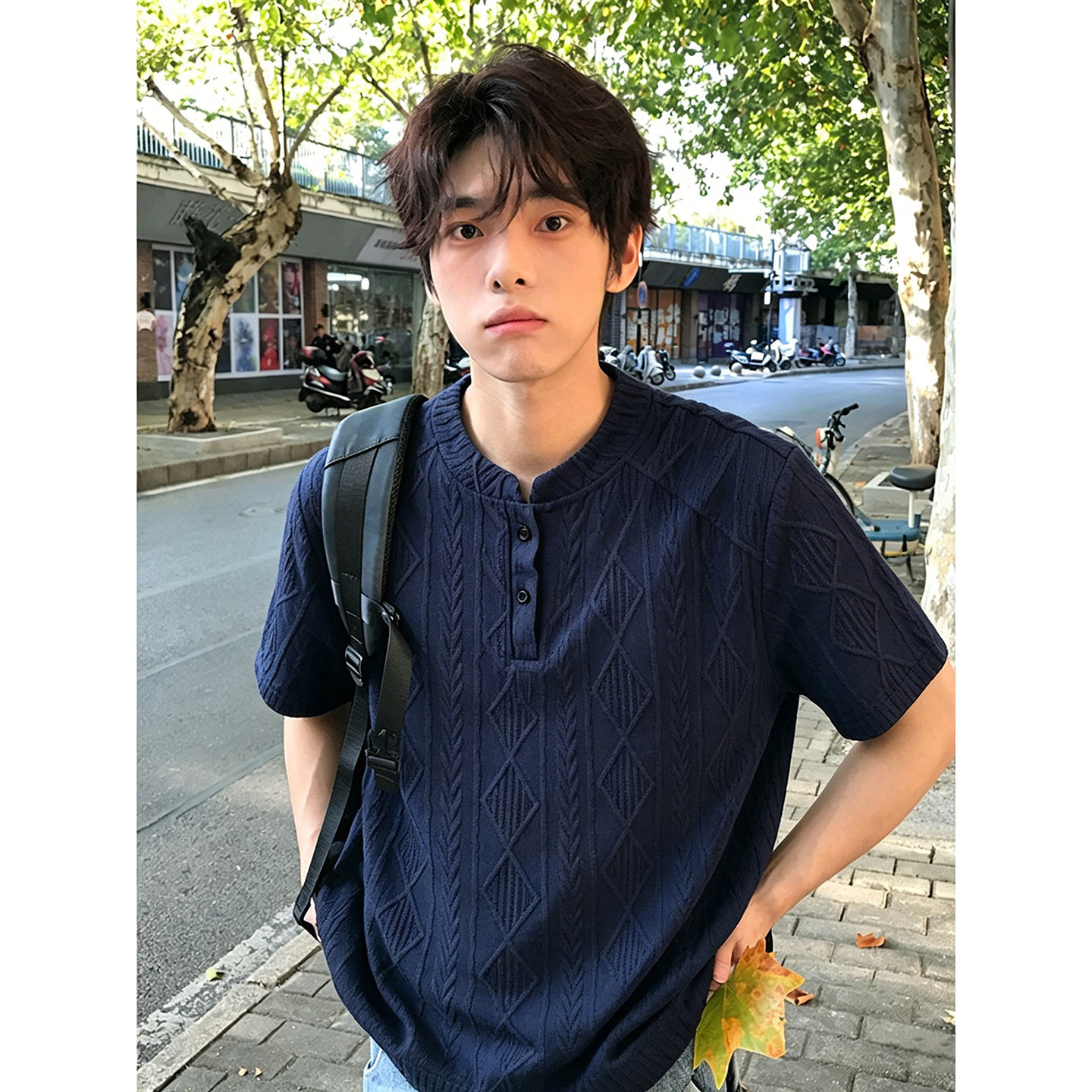 藏青色镂空亨利领t恤男生夏季穿搭肌理感透气短袖情侣潮牌半截袖