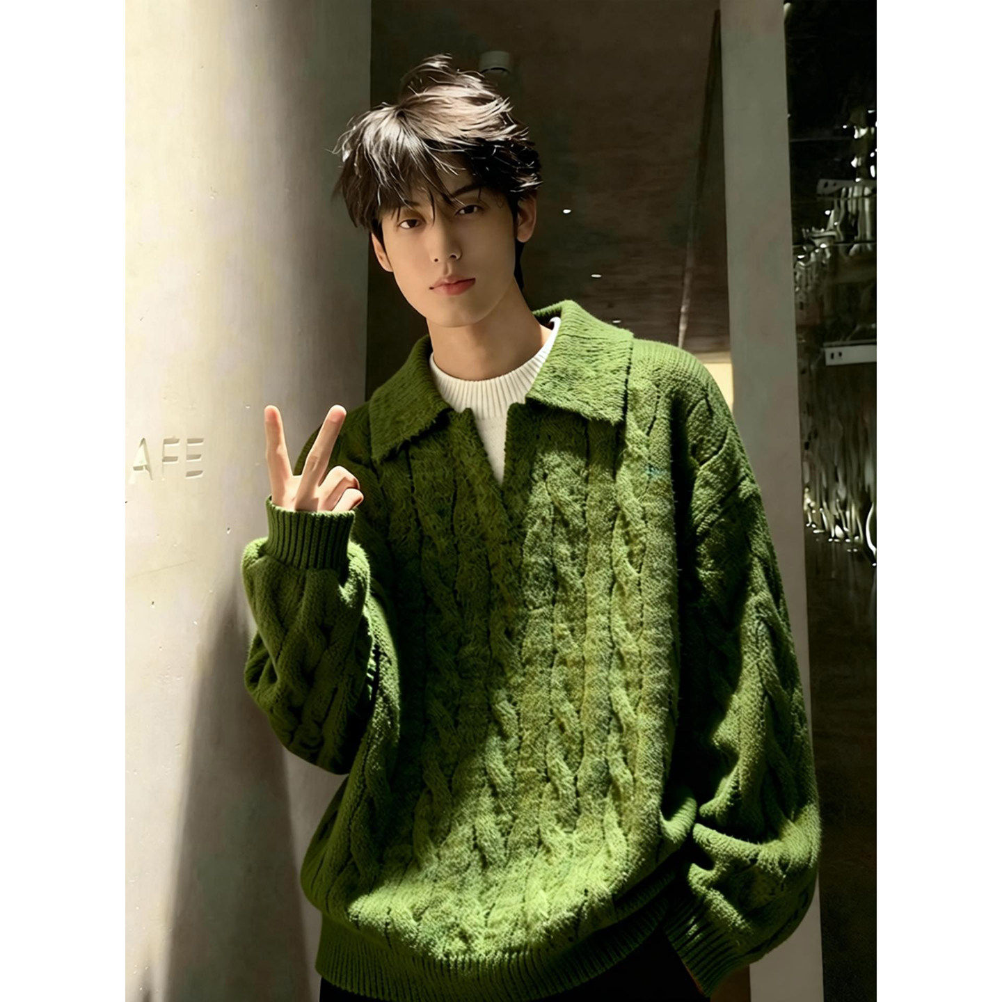 假两件麻花纹翻领毛衣男款冬季老钱风高级感外套设计感针织打底衫