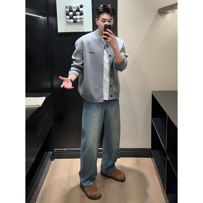 复古蓝加绒微喇牛仔裤男款冬季加厚设计感美式裤子抽绳弯刀阔腿裤