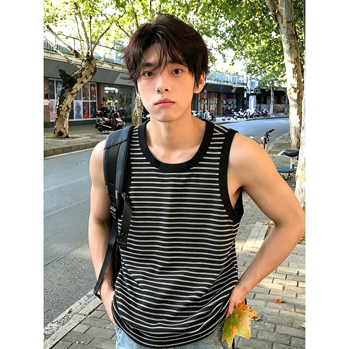 黑白条纹美式背心男夏季穿搭健身图片