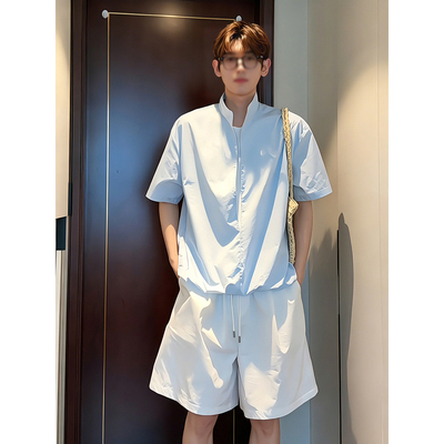 假两件衬衫短裤套装男生夏季