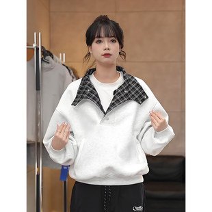 白花灰格子拼接立领卫衣男款春季boxy短款外套重磅内搭打底polo衫