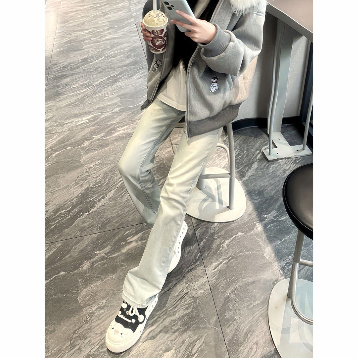 美式高街vibe裤子水泥烟灰色微喇牛仔裤男秋冬加绒修身窄版直筒裤,男装,牛仔裤,淘宝优惠券,粉丝福利购,淘宝优惠卷