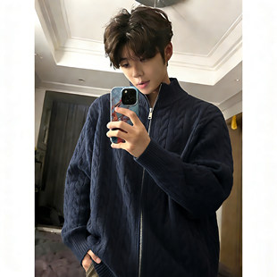 藏青色绞花针织开衫外套男款春季人夫感毛衣慵懒高级感老钱风上衣