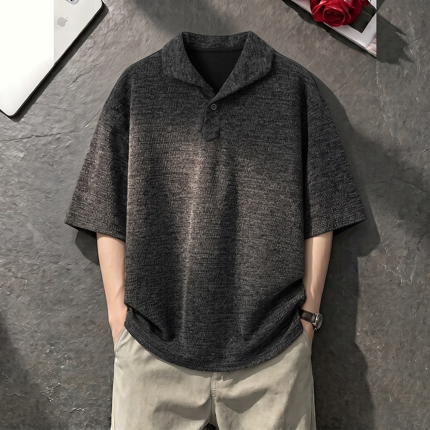 咖色肌理感针织短袖polo衫男夏季图片
