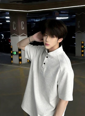 白灰色亨利领重磅t恤男夏季解构拼接Polo衫短袖正肩立领打底半袖