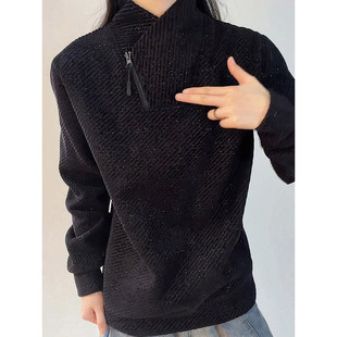 黑色美式复古条纹卫衣男款秋冬加绒加厚长袖t恤内搭交叉v领打底衫