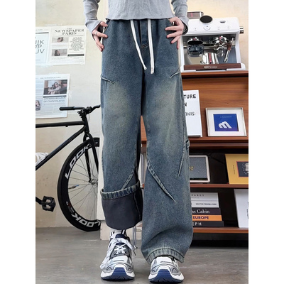 复古蓝加绒微喇牛仔裤男款冬季美式痞帅高级感裤子高街抽绳工装裤