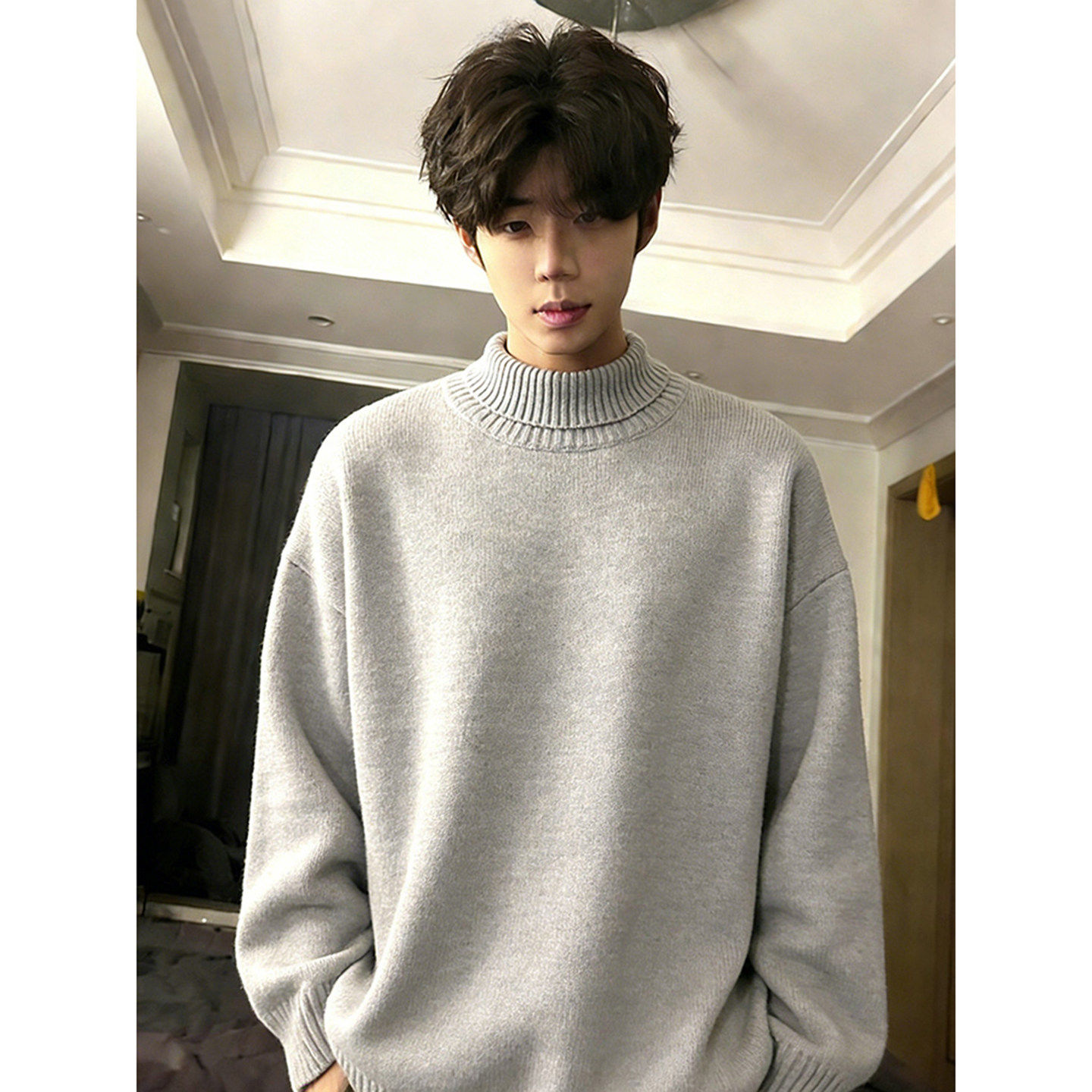 cleanfit灰色高领毛衣男士冬季加绒打底针织衫高级感修身内搭上衣