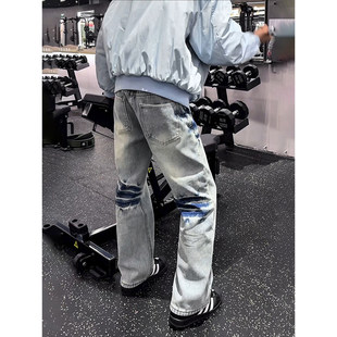 闪电纹斜切加绒微喇牛仔裤男冬季美式高街裤子修身显瘦窄版直筒裤