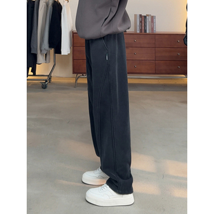 水洗灰斜切美式弯刀卫裤男款秋冬加厚镰刀香蕉裤直筒运动休闲长裤