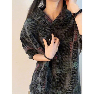 美式复古七彩格子卫衣男款冬季重磅毛绒外套高级感痞帅针织连帽衫