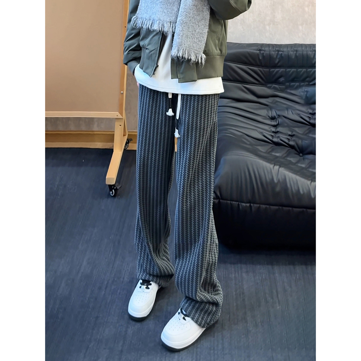 条纹加绒卫裤男高级感小香风裤子