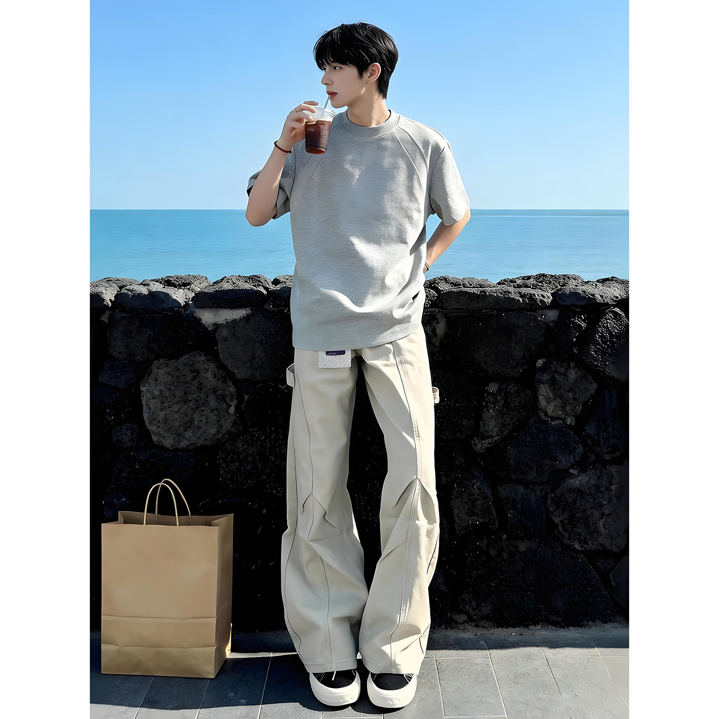 白花灰色螺纹拼接正肩短袖男款夏季美式重磅纯棉t恤cleanfit半袖 - 实物图