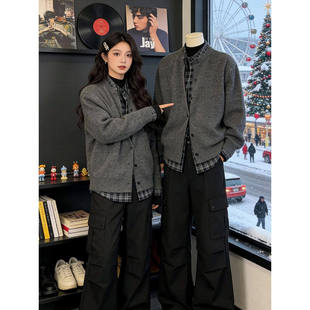 老钱风撞色格子卫衣男女款秋冬假两件针织衫外套重磅内搭打底上衣