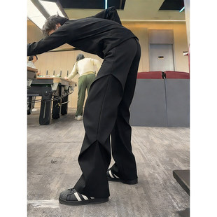 黑色褶皱弯刀西裤男款秋冬加绒显瘦工装裤子直筒宽松微喇阔腿长裤