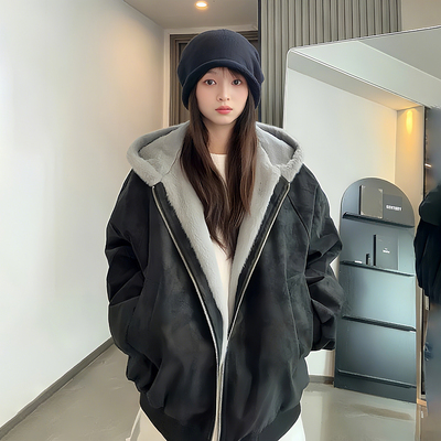 毛绒连帽棉服男加厚荔枝纹皮棉衣